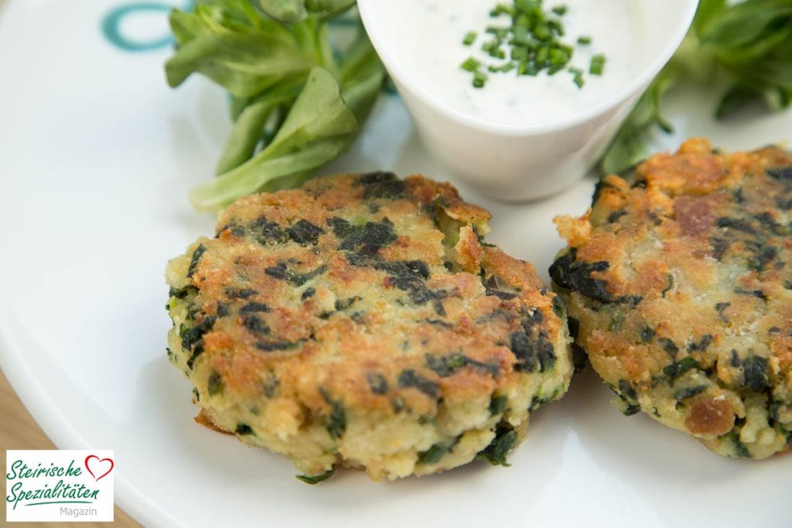 Köstliche Spinatlaibchen mit Kräuter-Joghurt-Dip - Frühlings Rezept